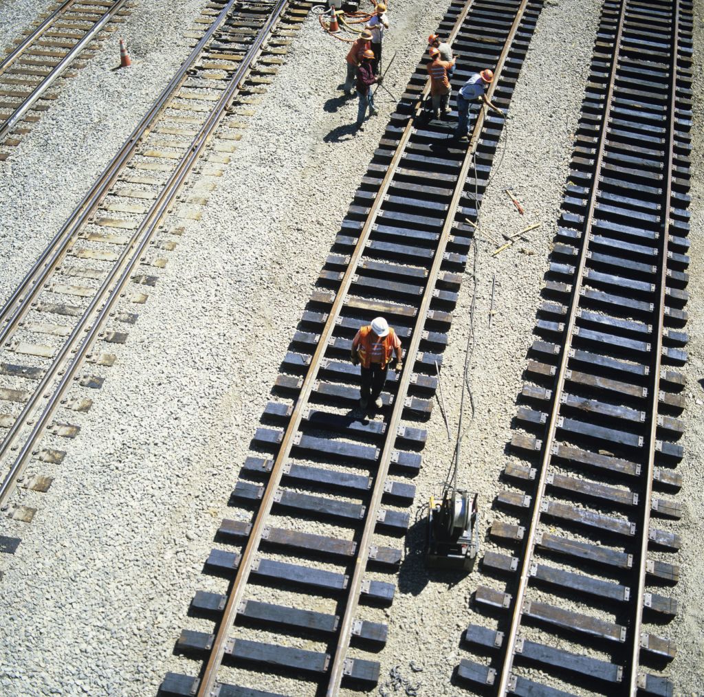 Renovating lines of train track, elevated view