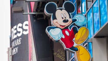 Mickey Mouse at the entrance of Walt Disney store in Times...