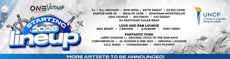 One Voyage music festival poster featuring lineup of artists starting in 2026 including T.I., D.L. Hughley, Rick Ross, Keith Sweat, DJ Kid Capri, and more.