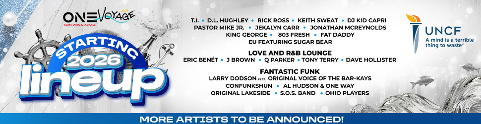 One Voyage music festival lineup poster for 2026 featuring artists like T.I., D.L. Hughley, Rick Ross, Keith Sweat, and DJ Kid Capri.