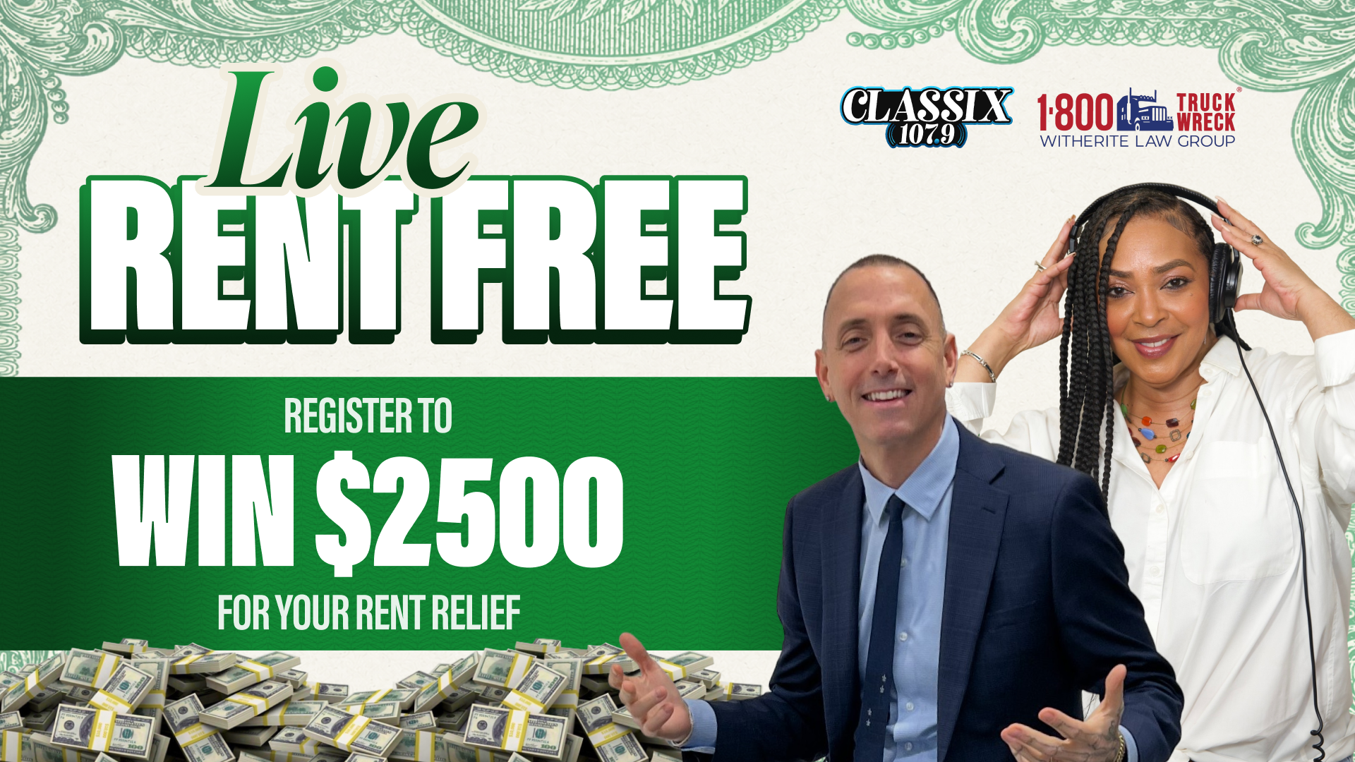 Live Rent Free promotion banner featuring two people and text offering $2500 rent relief prize.